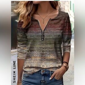 XL SHEIN LUNE NEW IN BAG WOMENS ZIPPER HALF OPENING LONG SLEEVE CASUAL T-SHIRT